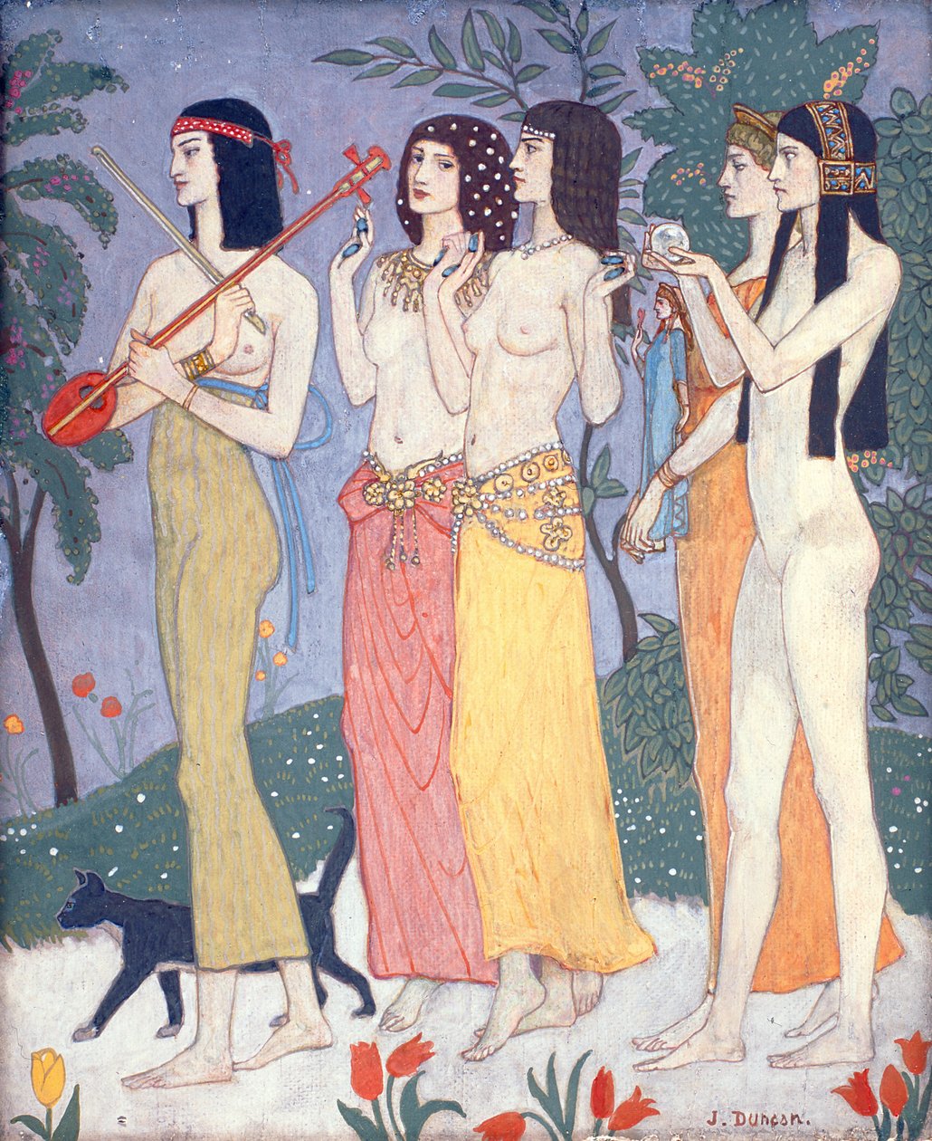 The Attendants of the Queen of Sheba (tempera på panel) af John Duncan