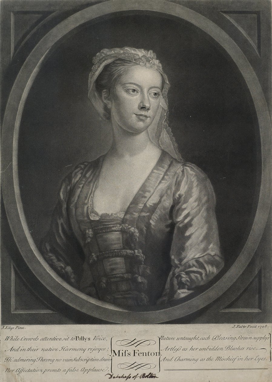 Miss Fenton, graveret af John Faber den Yngre (ca. 1695-1756), 1728 (mezzotint) af John Ellys