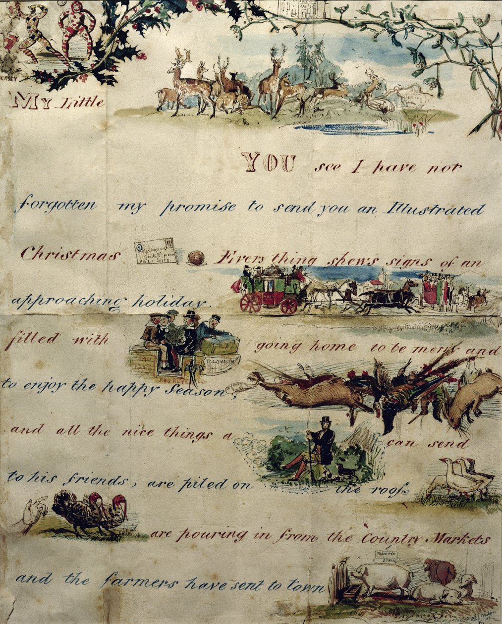 Et julebrev skrevet med piktogrammer (pen og blæk og wc på papir) (se 199385 for slutningen af brevet) af John Everett Millais