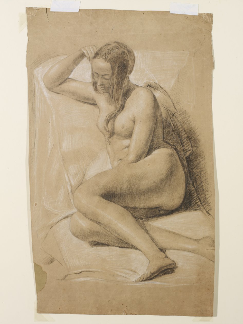 Siddende nøgen kvinde, 1847 (sort og hvidt kridt på brunt papir) af John Everett Millais