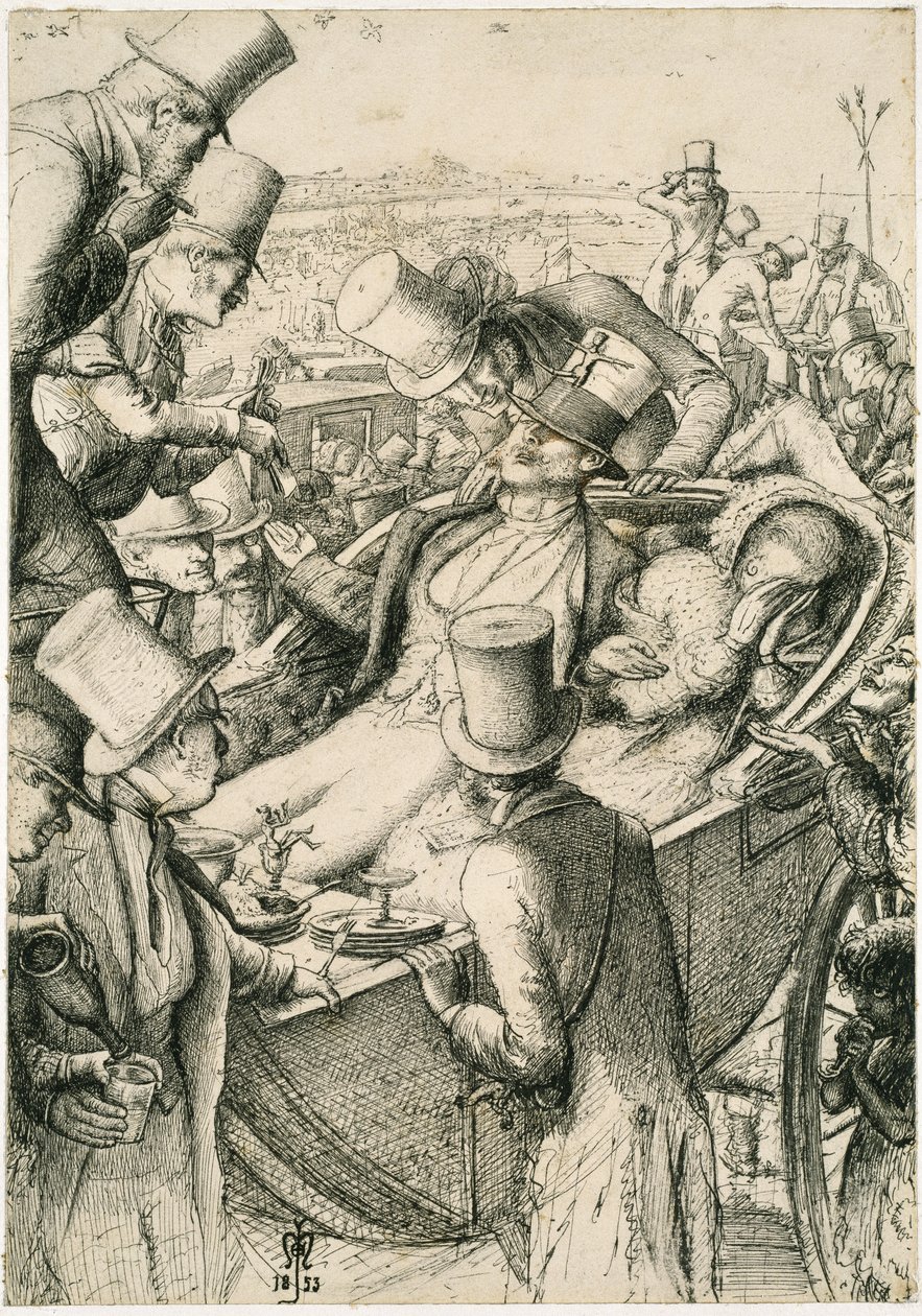 Race Meeting, eller The Gambler, 1853 (Pen og sort blæk på råhvidt papir) af John Everett Millais