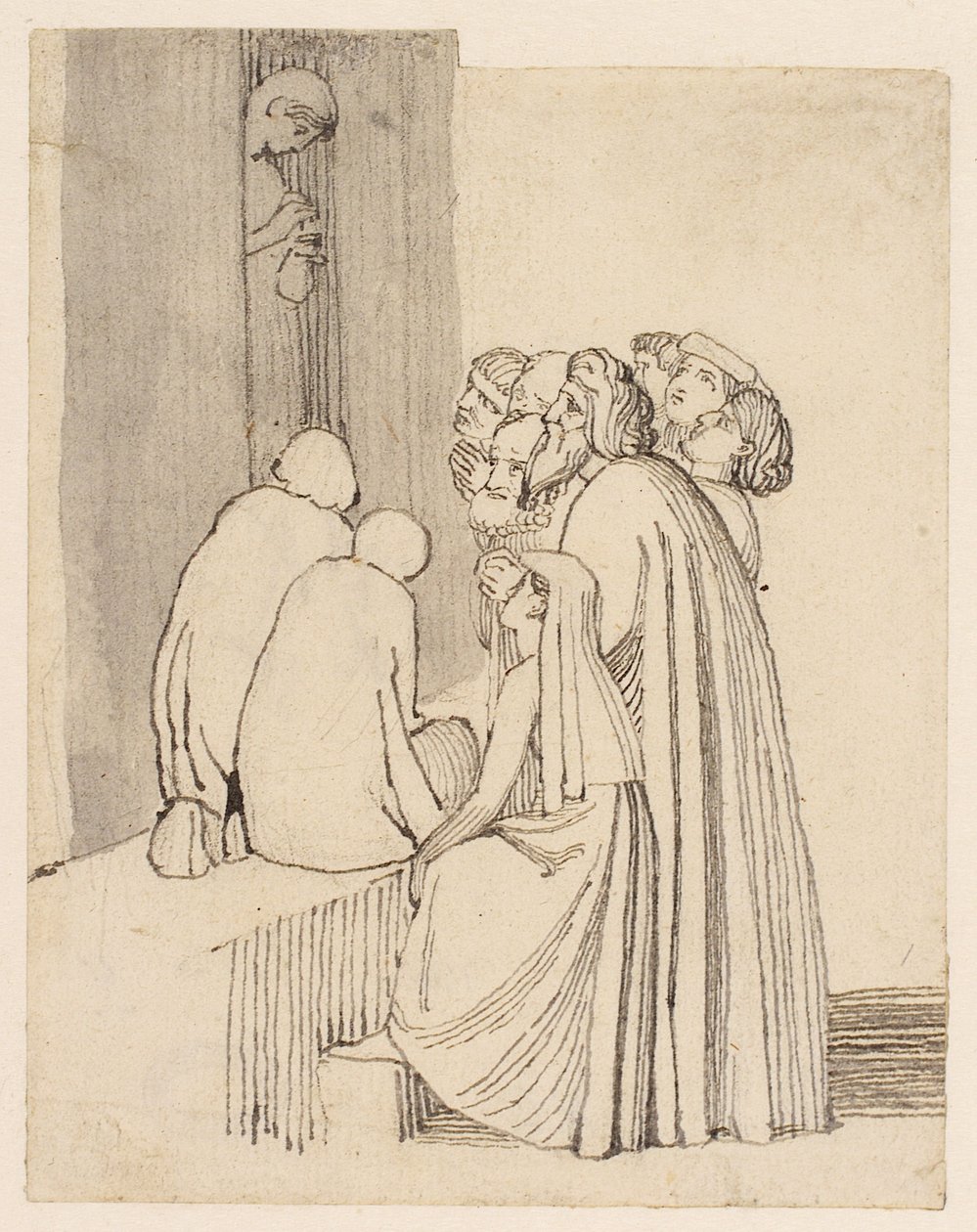 En tiggerfamilie rundt om en dør (blyant, kuglepen, blæk og vask på papir) af John Flaxman