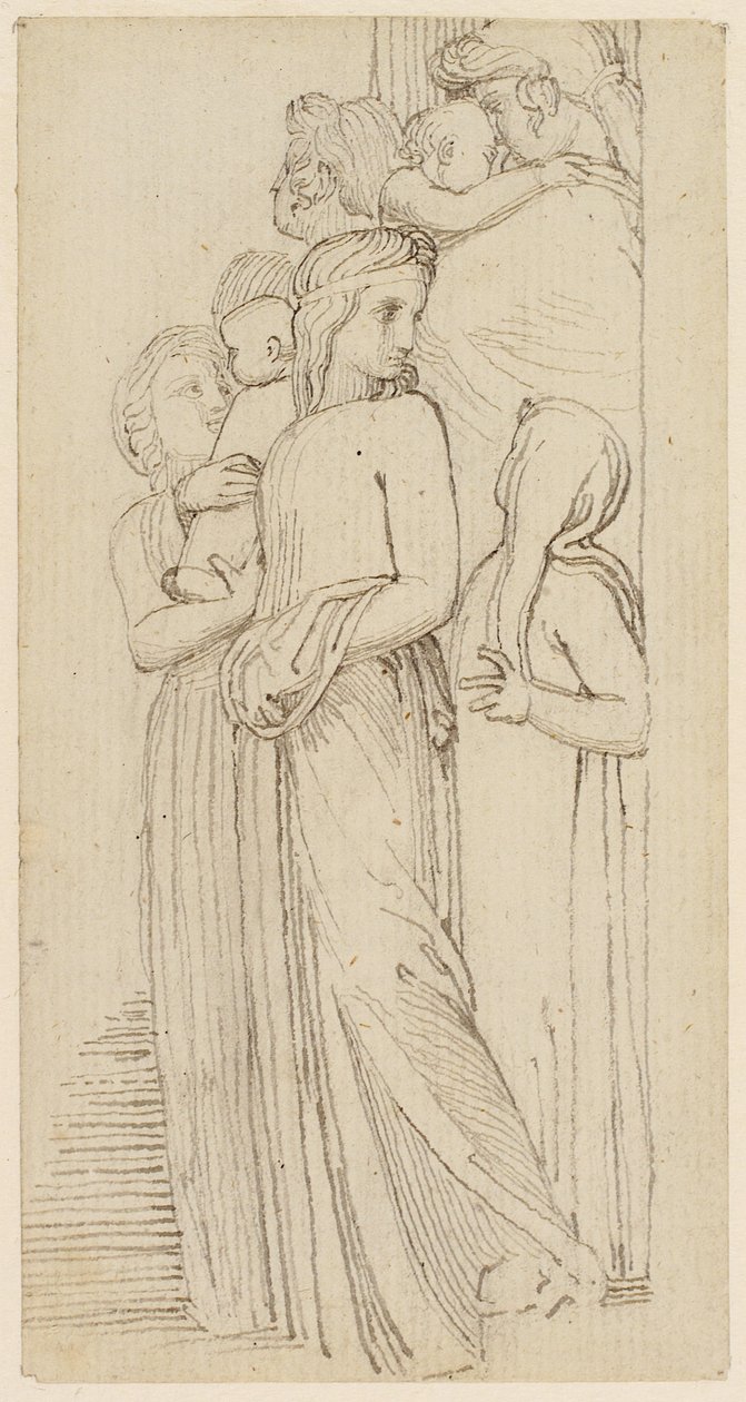 En gruppe kvinder og børn i en døråbning (blyant, pen og blæk på papir) af John Flaxman