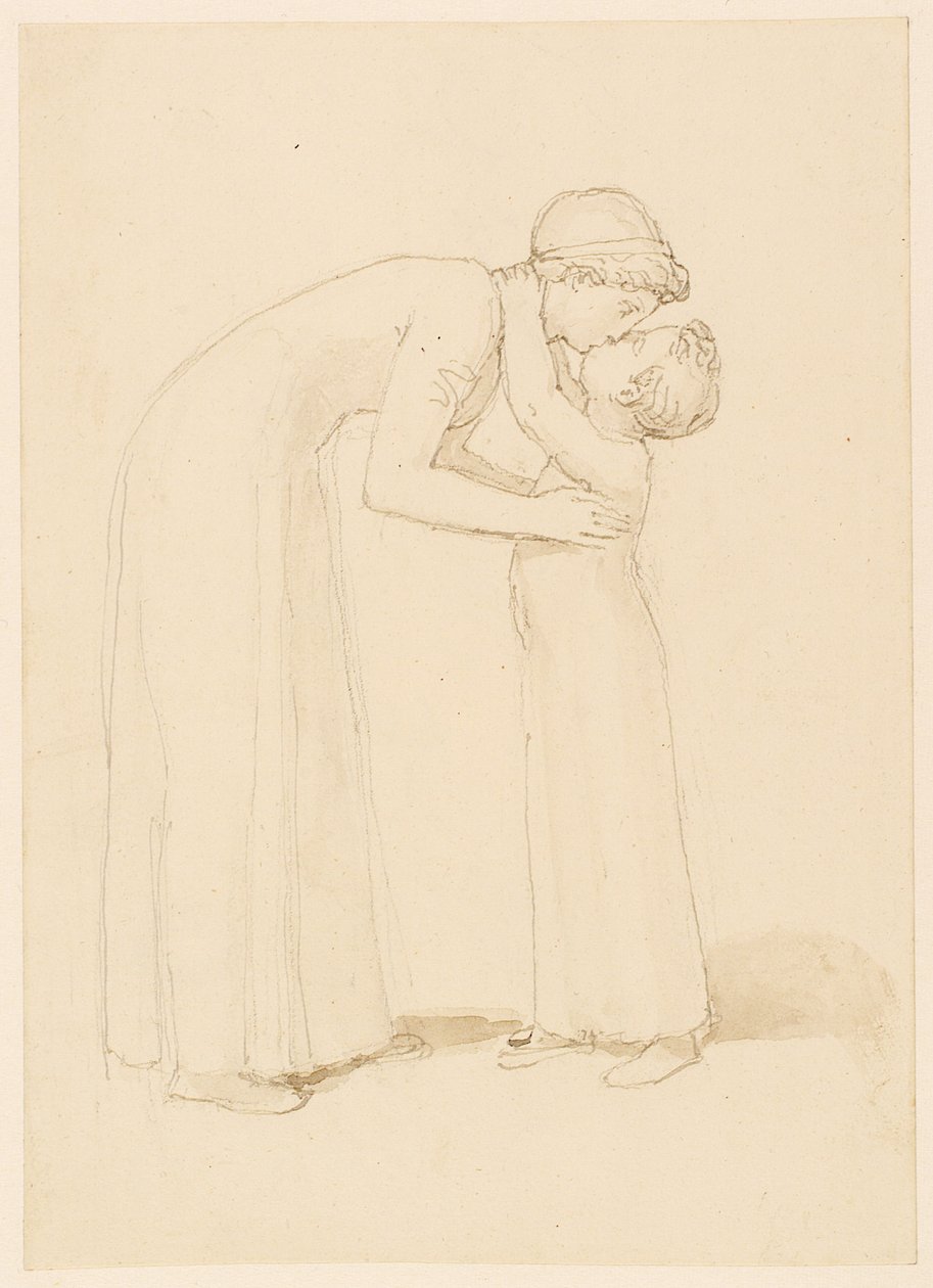 En kvinde bøjer sig ned for at kysse et barn (blyant, pen, blæk og vask på papir) af John Flaxman