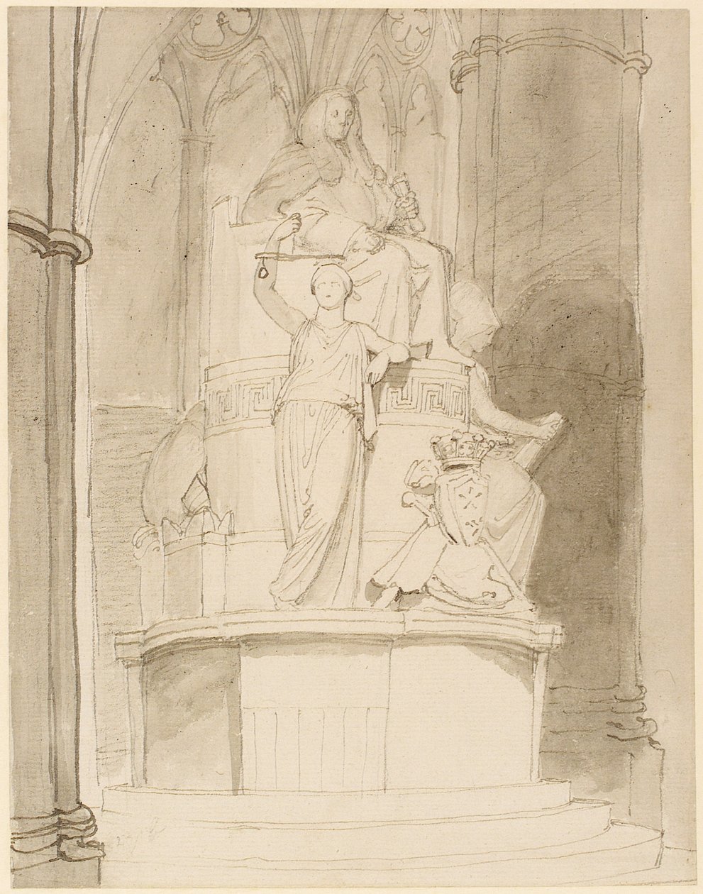 Design til Monument of Lord Mansfield, Westminster Abbey (blyant, pen, blæk og vask på papir) (se også 273967 og 273968) af John Flaxman