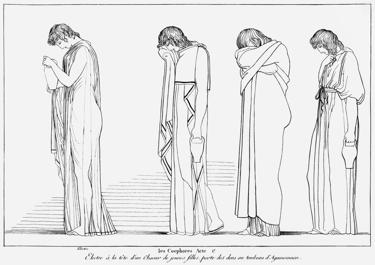 Elektra og koret med bæger til offergave på Agamemnons grav, illustration fra "The Choephori" af Aischylos (ca.525-c.456 f.Kr.) ca.1830-40 af John Flaxman