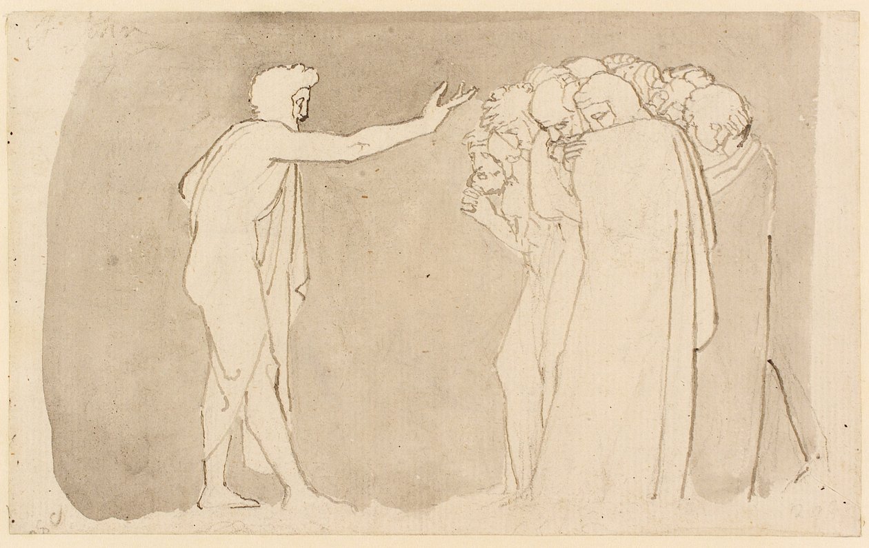 Johannes Døberen prædiker (blyant, blyant, pen, blæk og vask) af John Flaxman