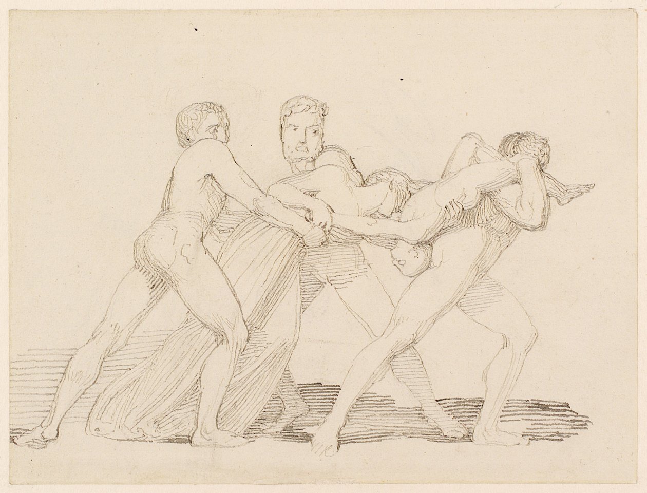 Tre mænd forsøger at rive et barn fra en kvinde (blyant, pen og blæk på papir) af John Flaxman