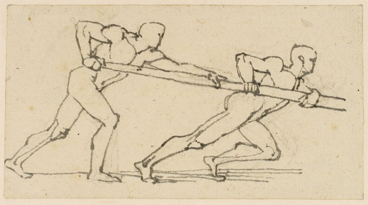 To mandsfigurer, der skubber en stang til højre (blyant, pen og blæk på papir) af John Flaxman