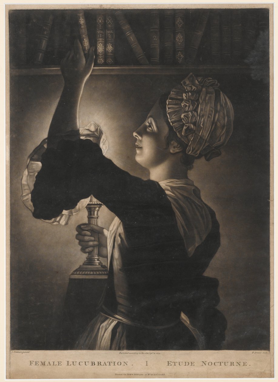 Female Lucubration, tryk lavet af Philip Dawe, 1772 (mezzotint) af John Foldson