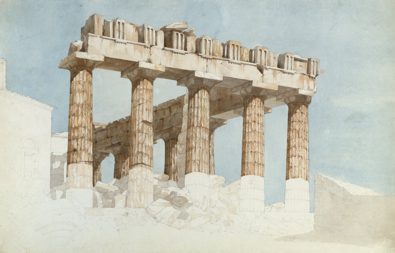 East End og South Side af Parthenon, ca. 1813 (wc og grafit på papir) af John Foster