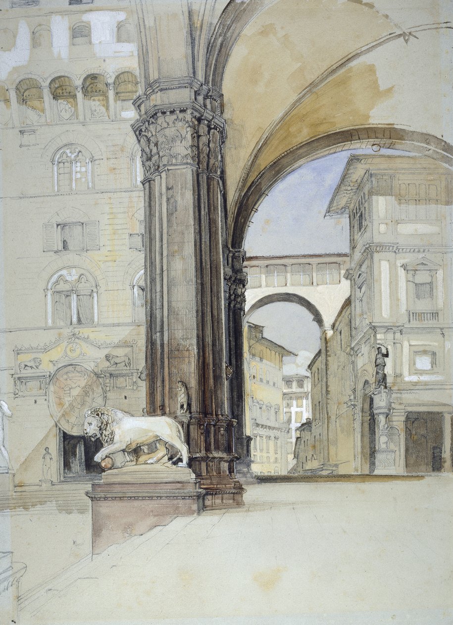 Firenze: Palazzo Vecchio og Uffizi (akvarel over sort kridt med kuglepen og brunt blæk på lysegrønt papir) af John Frederick Lewis
