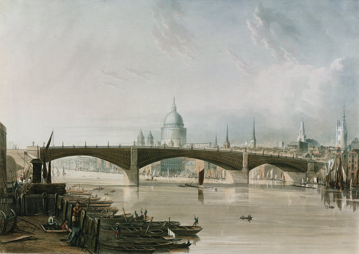 Southwark Iron Bridge, set fra Bankside, indgraveret af Thomas Sutherland (f.1785), pub. 1819 af Ackermann