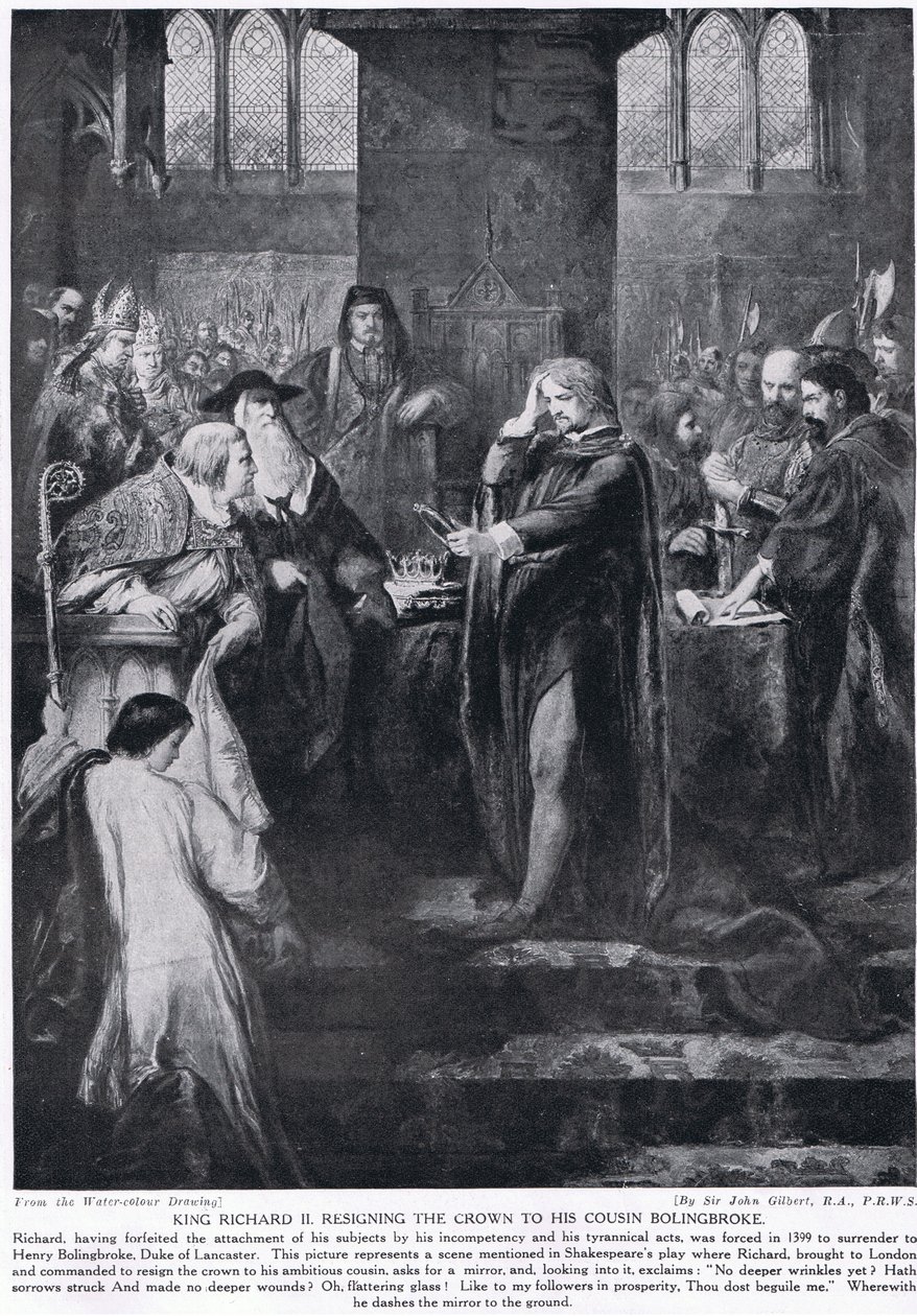 Kong Richard II overgiver kronen til sin fætter Bolingbroke, illustration fra 