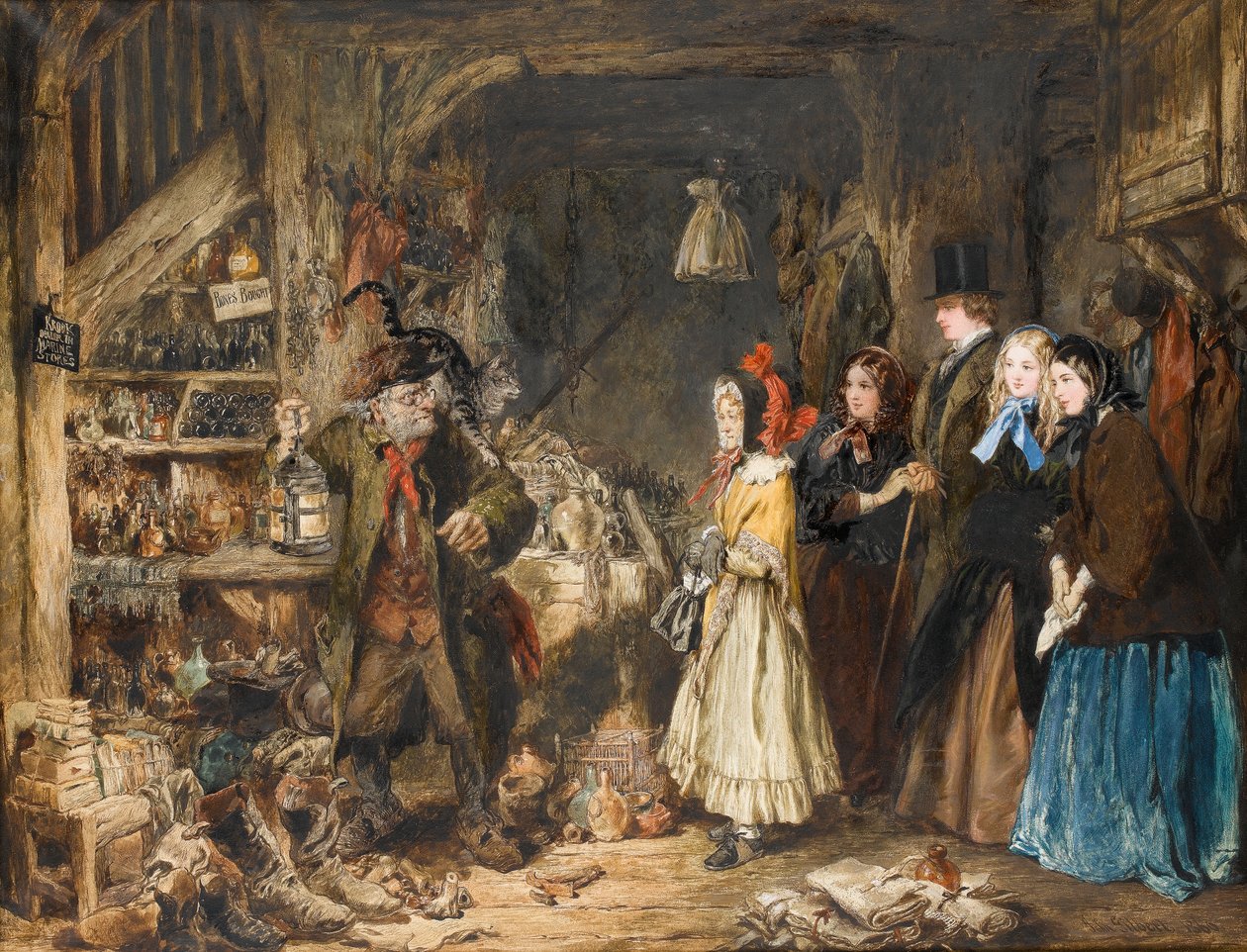 Miss Flite introducerer afdelingerne i Jarndyce til Krook, The Lord Chancellor, en scene fra Bleak House af Charles Dickens, ca. 1860 (wc på papir) af John Gilbert