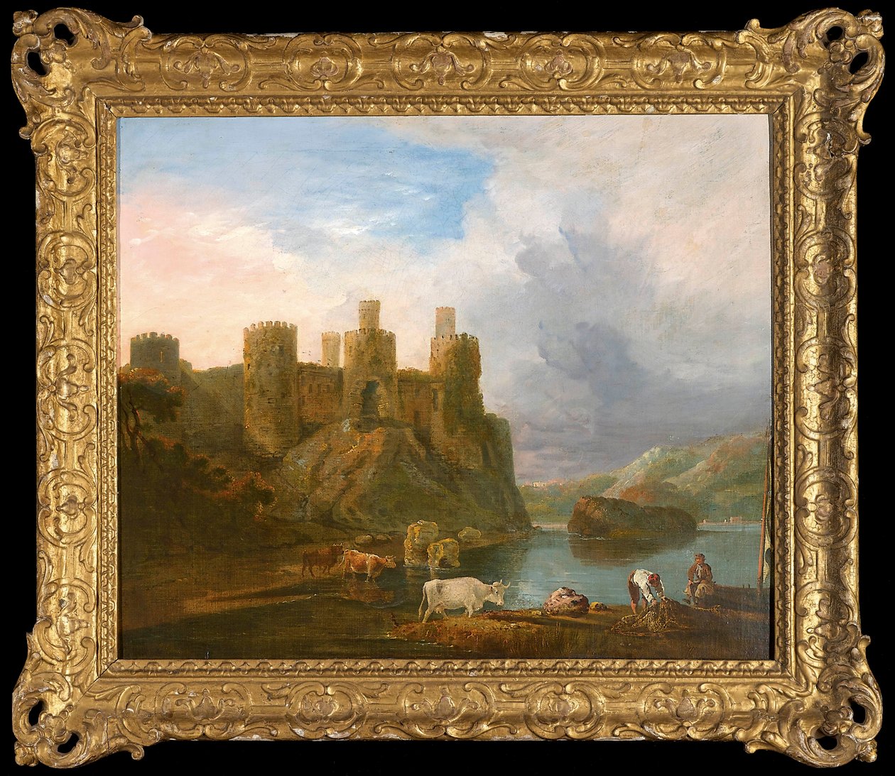 Udsigt over Conway Castle med fiskere, der reparerer deres net af John Inigo Richards