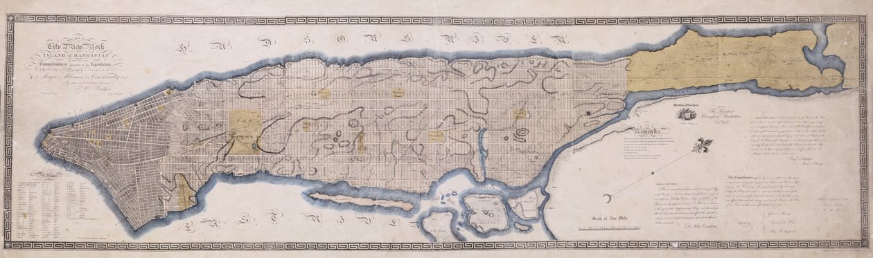 Commissioner Plan, A Map of the City of New York, af kommissærerne udpeget ved en lov vedtaget den 3. april 1807, indgraveret af P. Maverick, 1811 (litografi, blæk, farvevask.) af John Jr. Randel