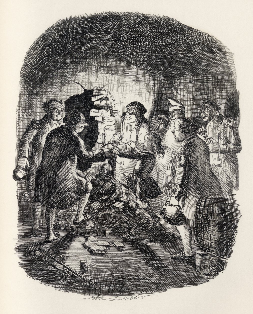 Little Jack Ingoldsby går ind i kælderen, fra "The Ingoldsby Legends" af Thomas Ingoldsby, udgivet af Richard Bentley und Son, 1887 af John Leech