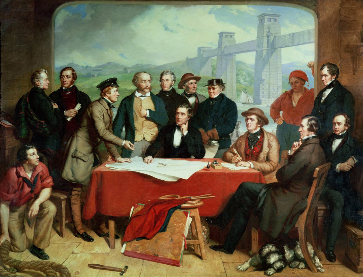 Ingeniørkonference ved Britannia Bridge, ca. 1850 af John Lucas