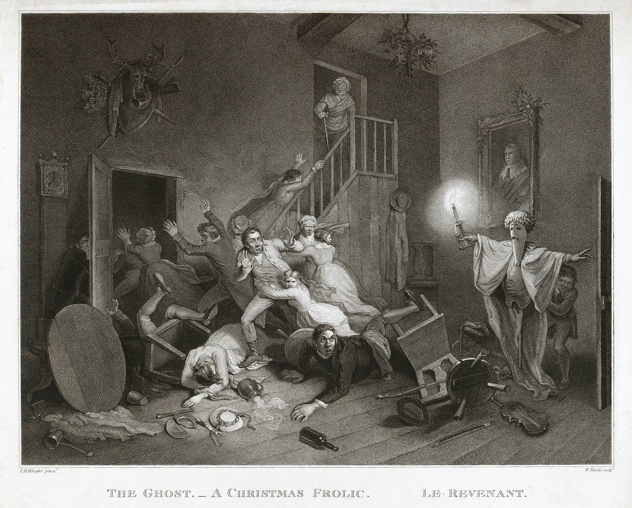 The Ghost - A Christmas Frolic - Le Revenant, trykt 1814 (stipstik) af John Massey Wright