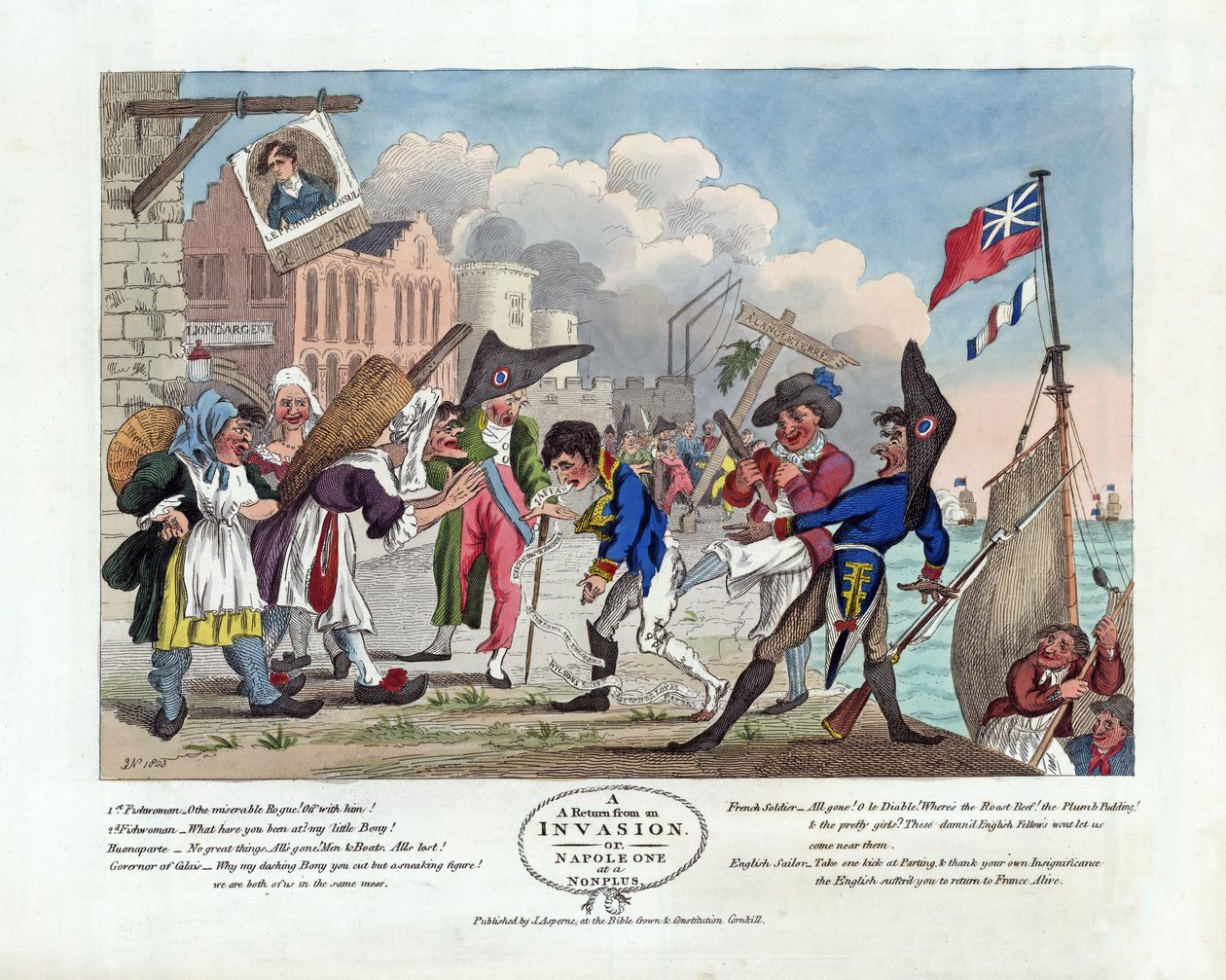 A Return From An Invasion, eller Napoleon at a Nonplus, udgivet 1803 (håndfarvet radering) af John Nixon