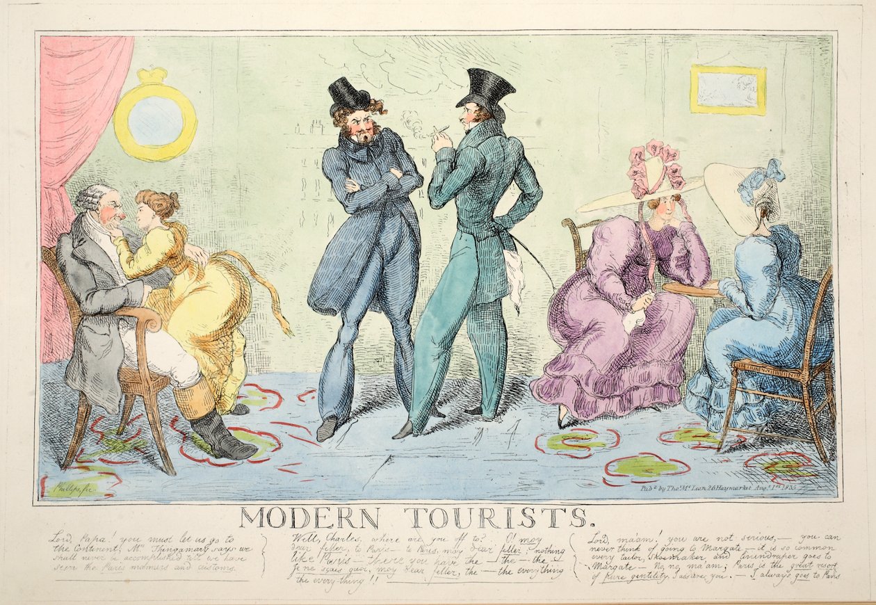 Moderne turister, pub. 1835 (håndkoloreret gravering) af John Phillips