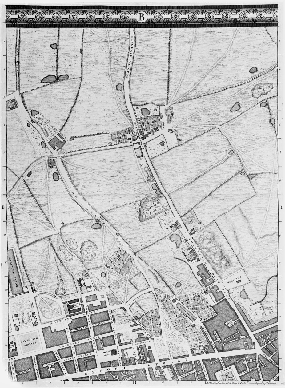 Et kort over West End og Soho, London, 1746 af John Rocque