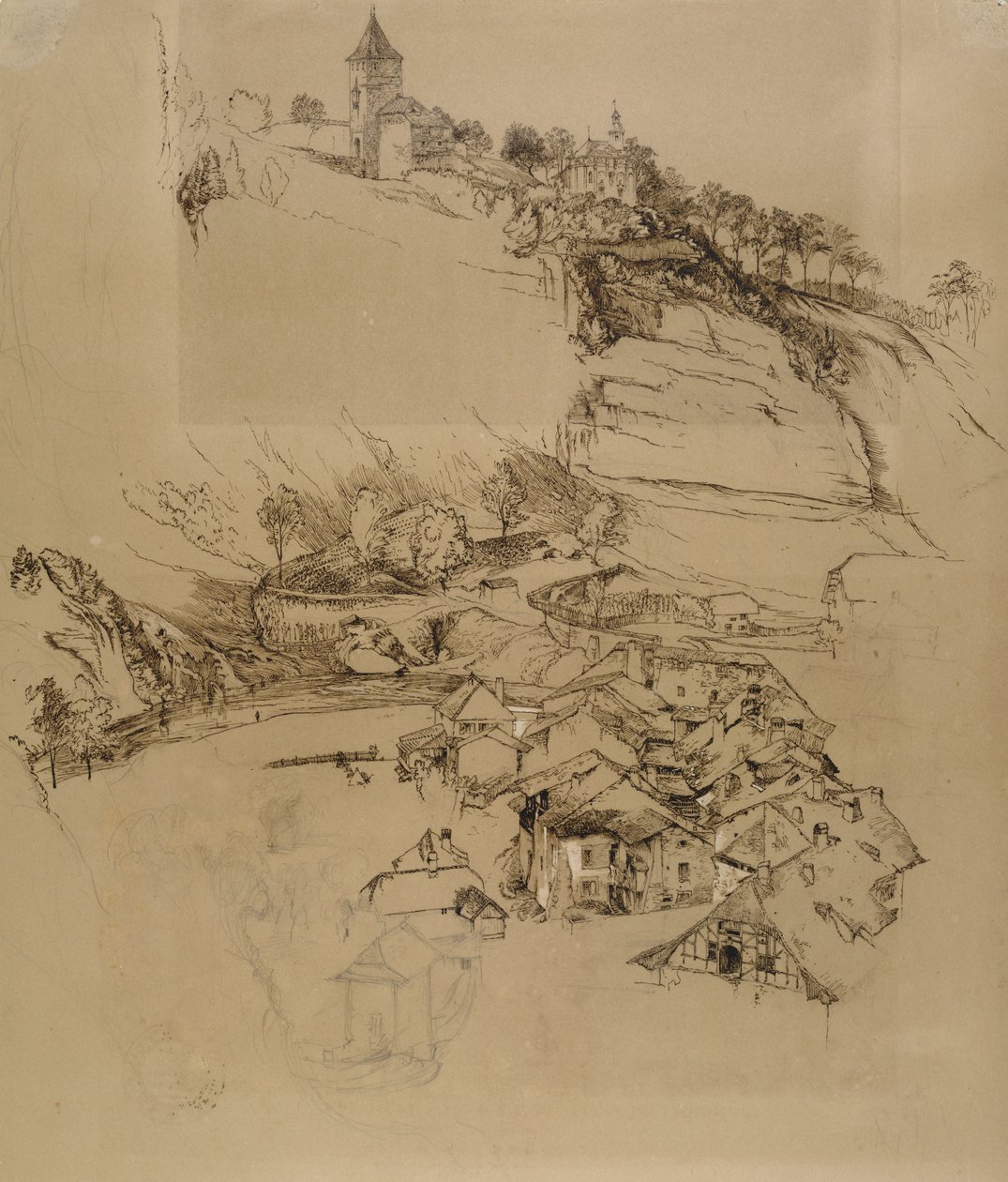Fribourg, Schweiz: Skitse med pen, juli eller august - september 1856 (pen og grafit med hvid farve på brunt papir) af John Ruskin