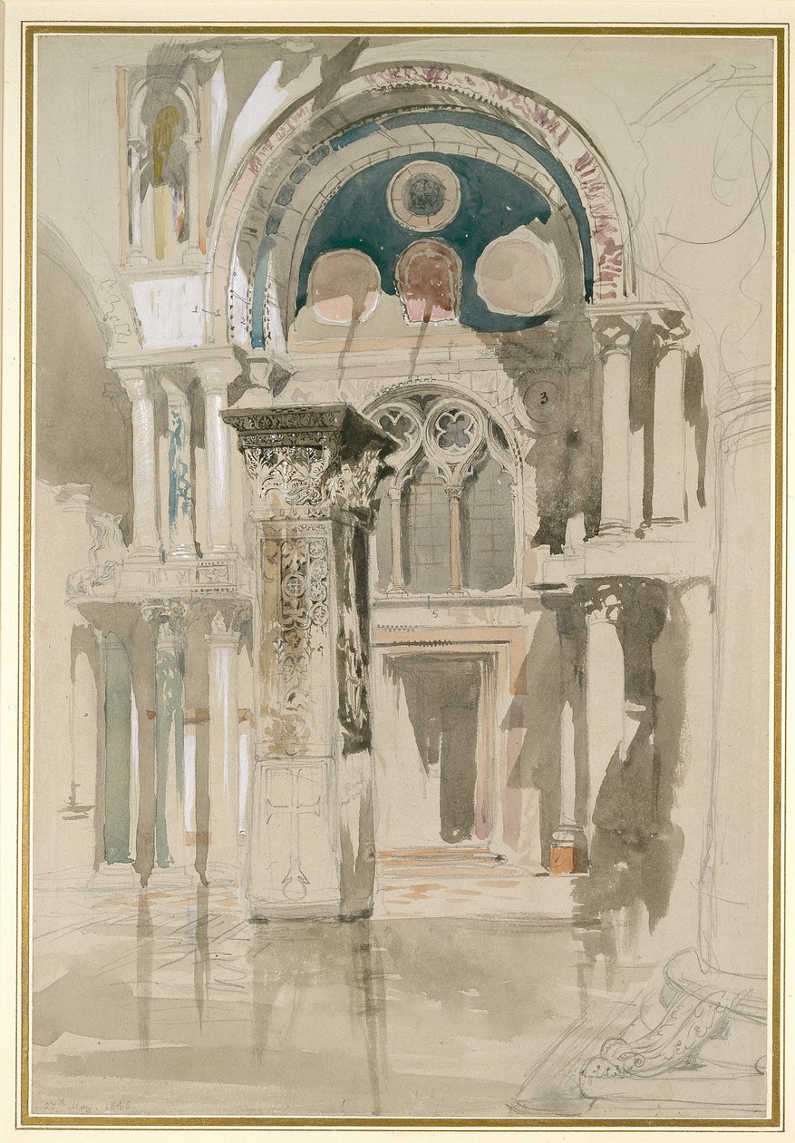 Del af Markuskirken, Venedig: Sketch after Rain, 27. maj 1846 (akvarel og kropsfarve og blæk over grafit på gråt vævet papir) af John Ruskin