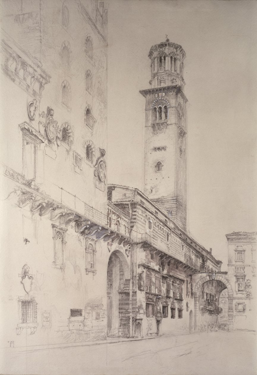 Piazza dei Signori, Verona, 19. århundrede (blyant og wc på papir) af John Ruskin