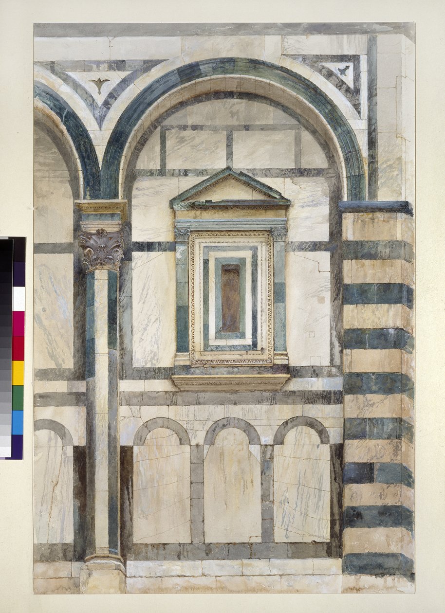 Dåbskapellet, Firenze: Undersøgelse af den øverste del af det højre rum på den sydvestlige facade, 1. - 14. juni 1872 (akvarel og kropsfarve over grafit på vævet papir) af John Ruskin
