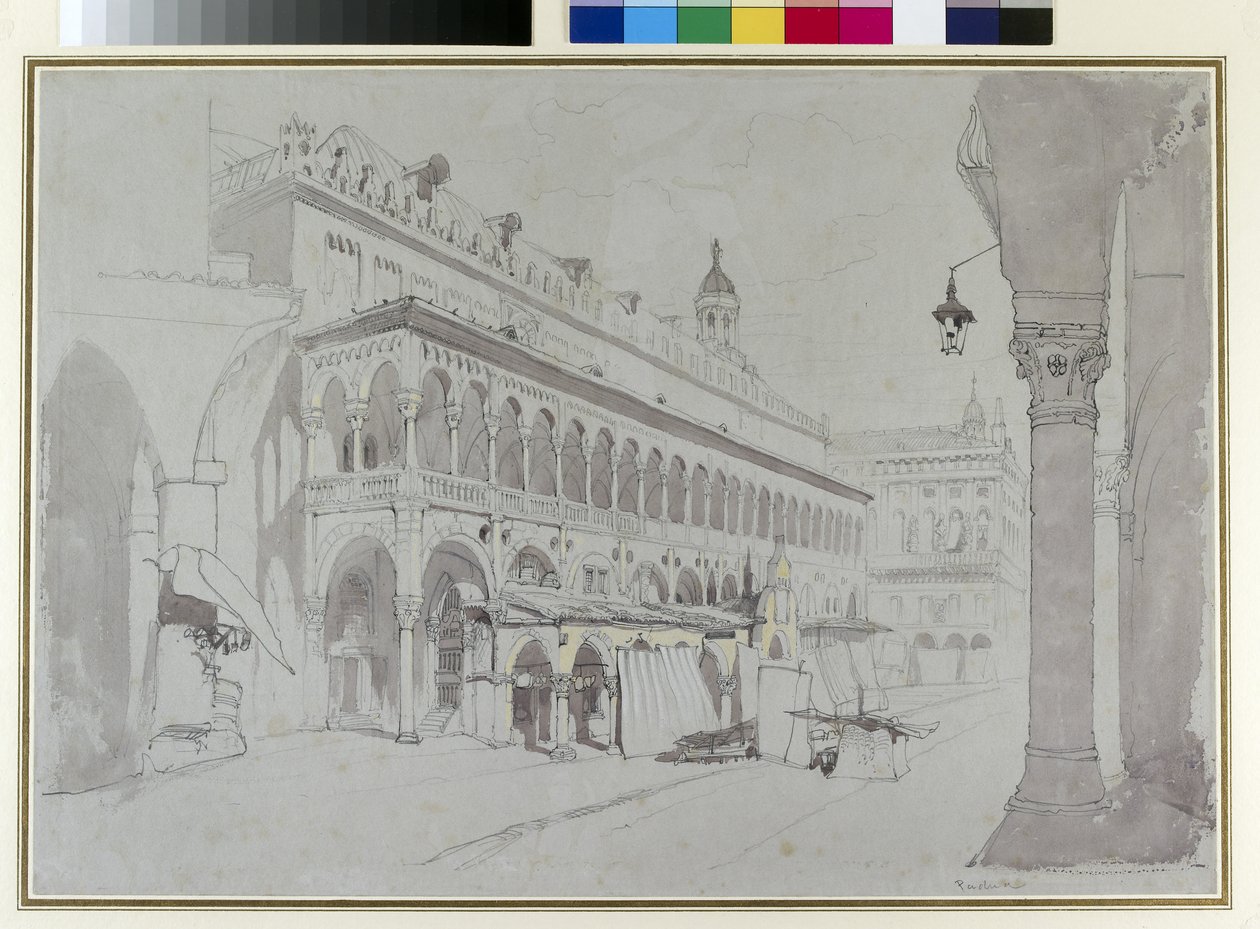 Palazzo della Ragione og Piazza delle Erbe, Padua, maj 1841 (grafit, akvarel, kropsfarve og pen og blæk på gråt papir) af John Ruskin