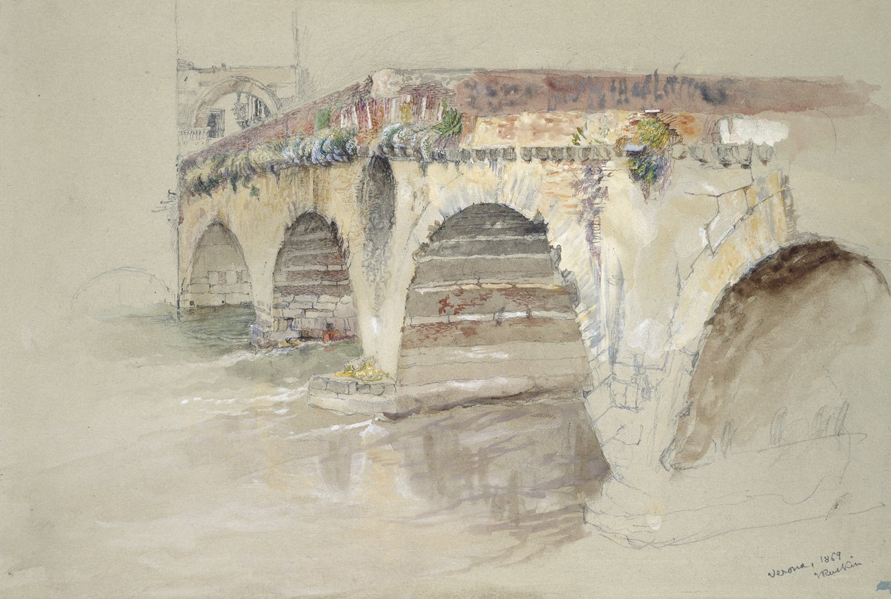 Ponte della Pietra, Verona, 14. - 17. juni 1869 (akvarel og kropsfarve over grafit på gråt vævet papir) af John Ruskin