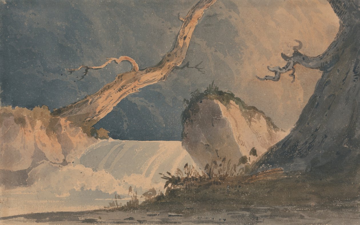 Vandfald i et øde landskab af John Sell Cotman