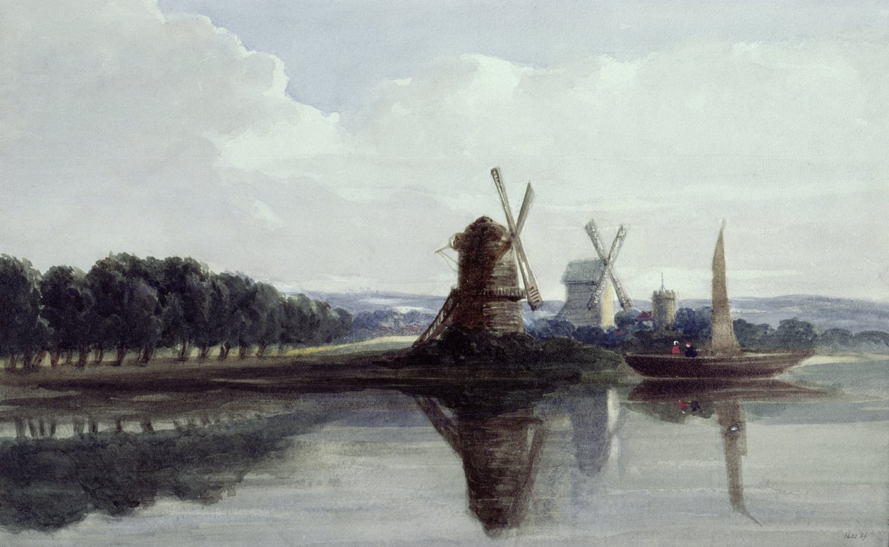 Vindmøller ved en flod, 1800-tallet (akvarel) af John Smeaton Chase