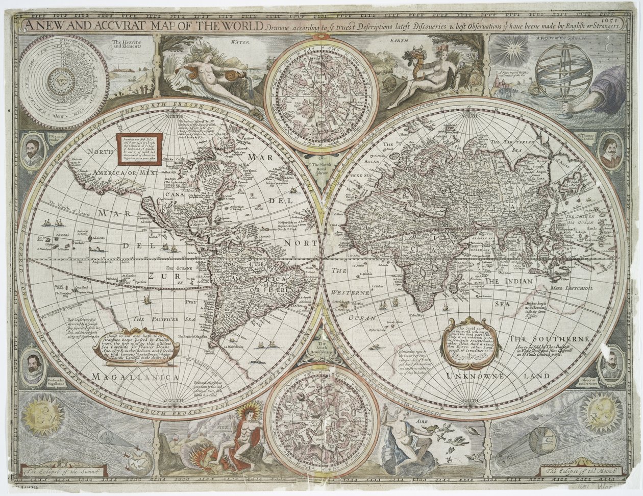 Et nyt og præcist kort over verden, 1676 (håndfarvet tryk) af John Speed