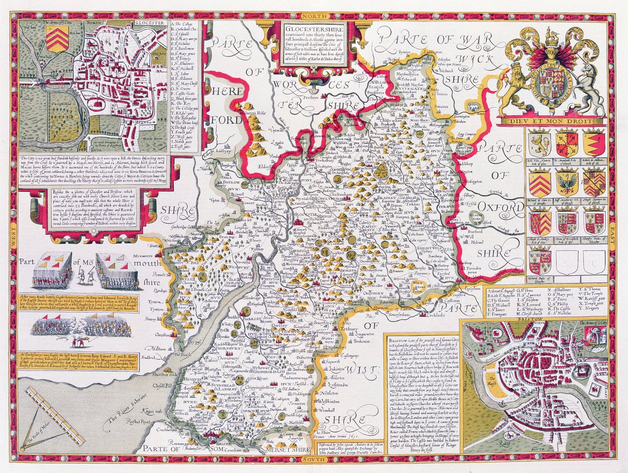 Gloucestershire, indgraveret af Jodocus Hondius (1563-1612) fra John Speeds 