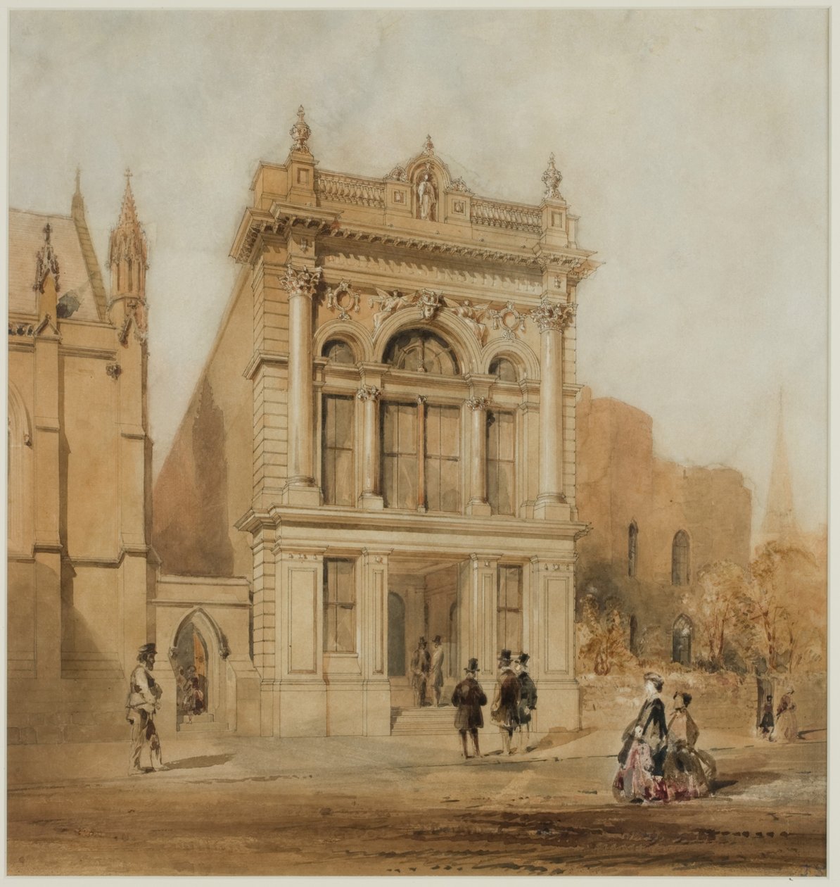 Design for Mechanics Institute, Newcastle upon Tyne, 1863 (blæk og wc på papir på kort) af John Storey