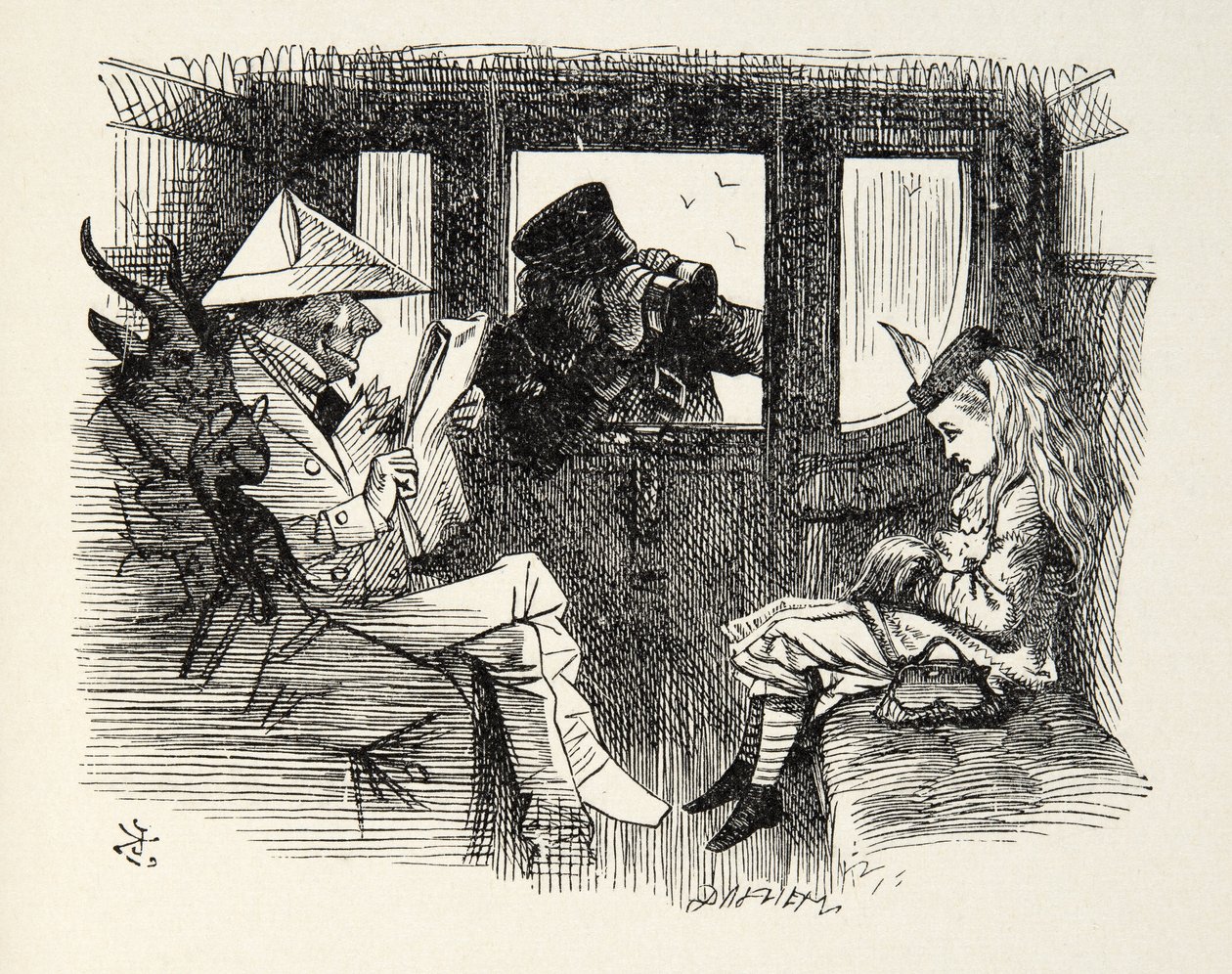 Alice i togvognen, illustration fra Through the Looking Glass af Lewis Carroll (1832 - 98), 1872 af John Tenniel