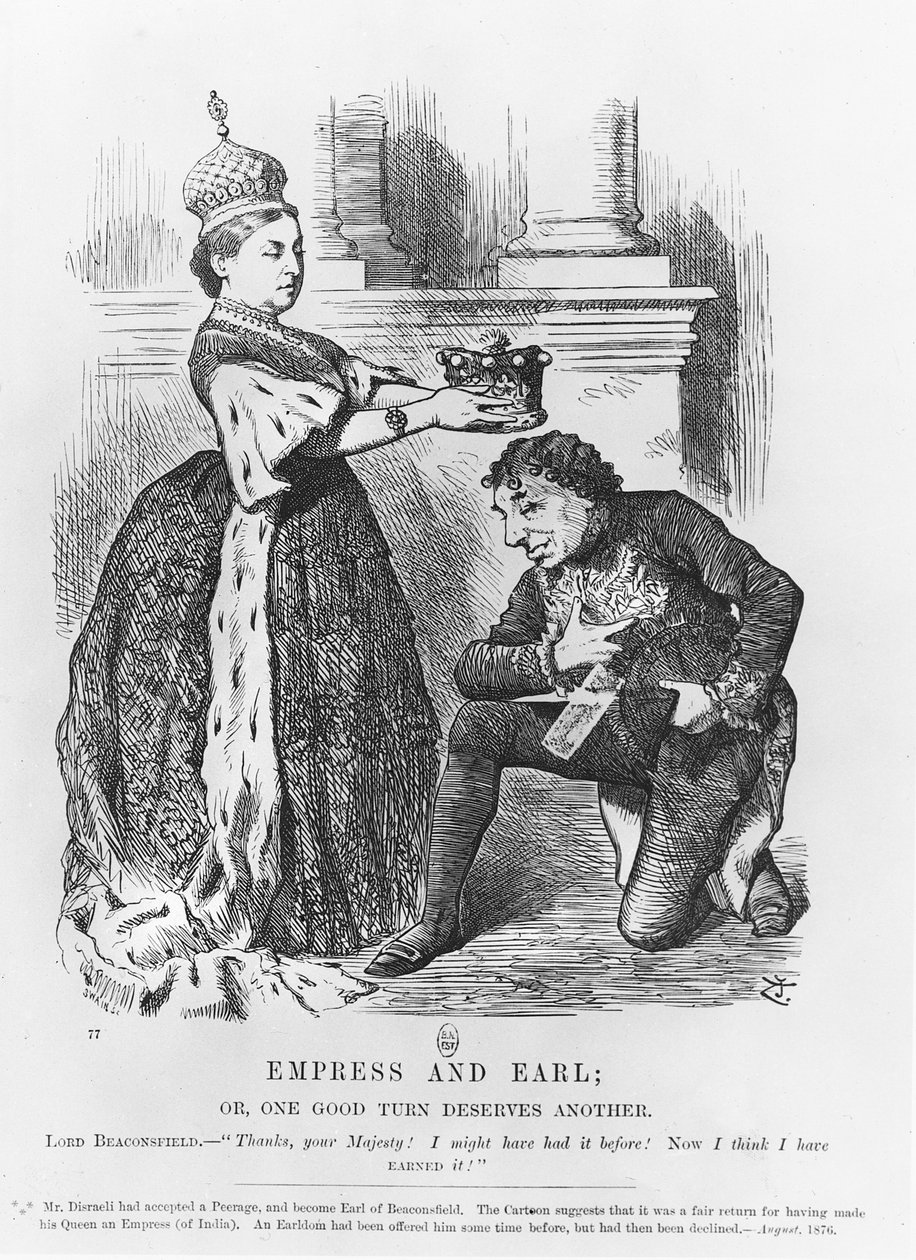 Disraeli fik en peerage af dronning Victoria i 1876 af John Tenniel