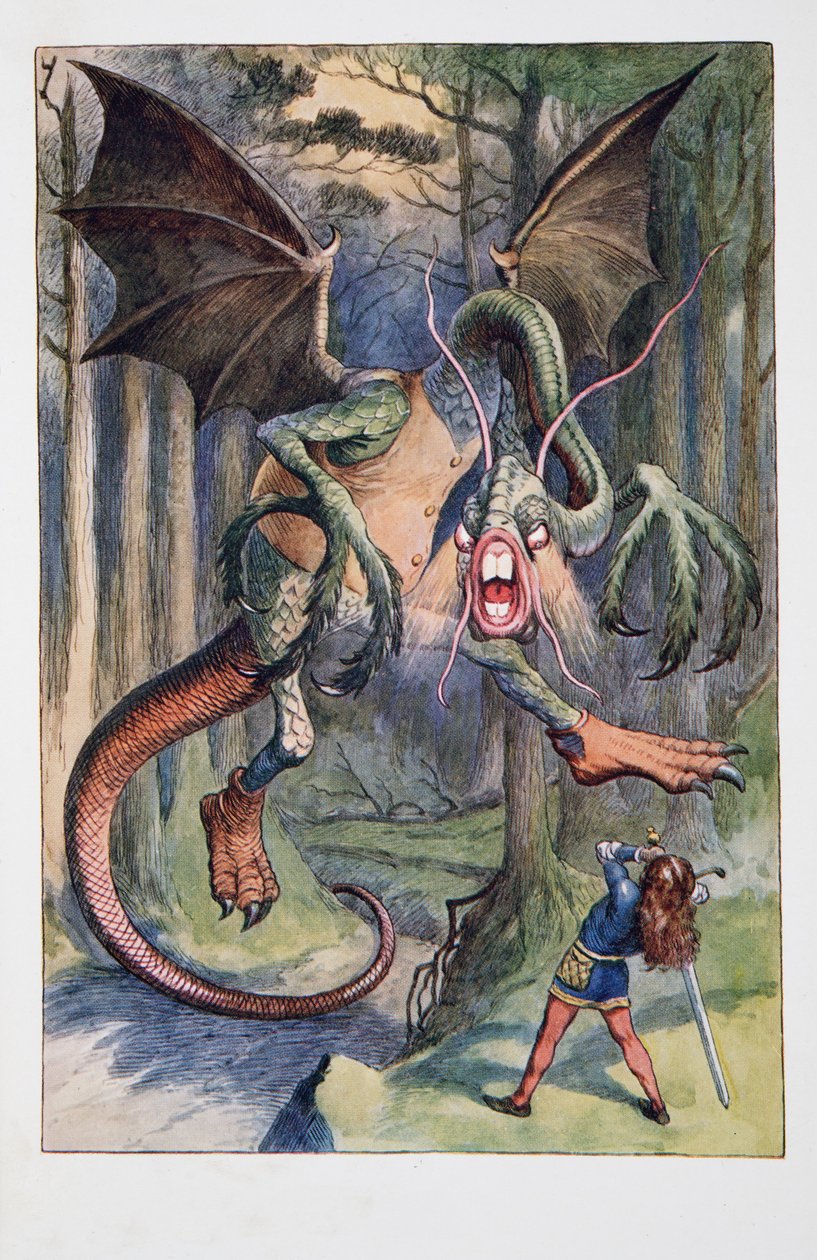 Jabberwocken kom med flammende øjne susende gennem Tulgey Wood, Alices Adventures In Wonderland And Through The Looking-Glass And What Alice Found There, af Lewis Carroll (1832 - 98), publis. af John Tenniel