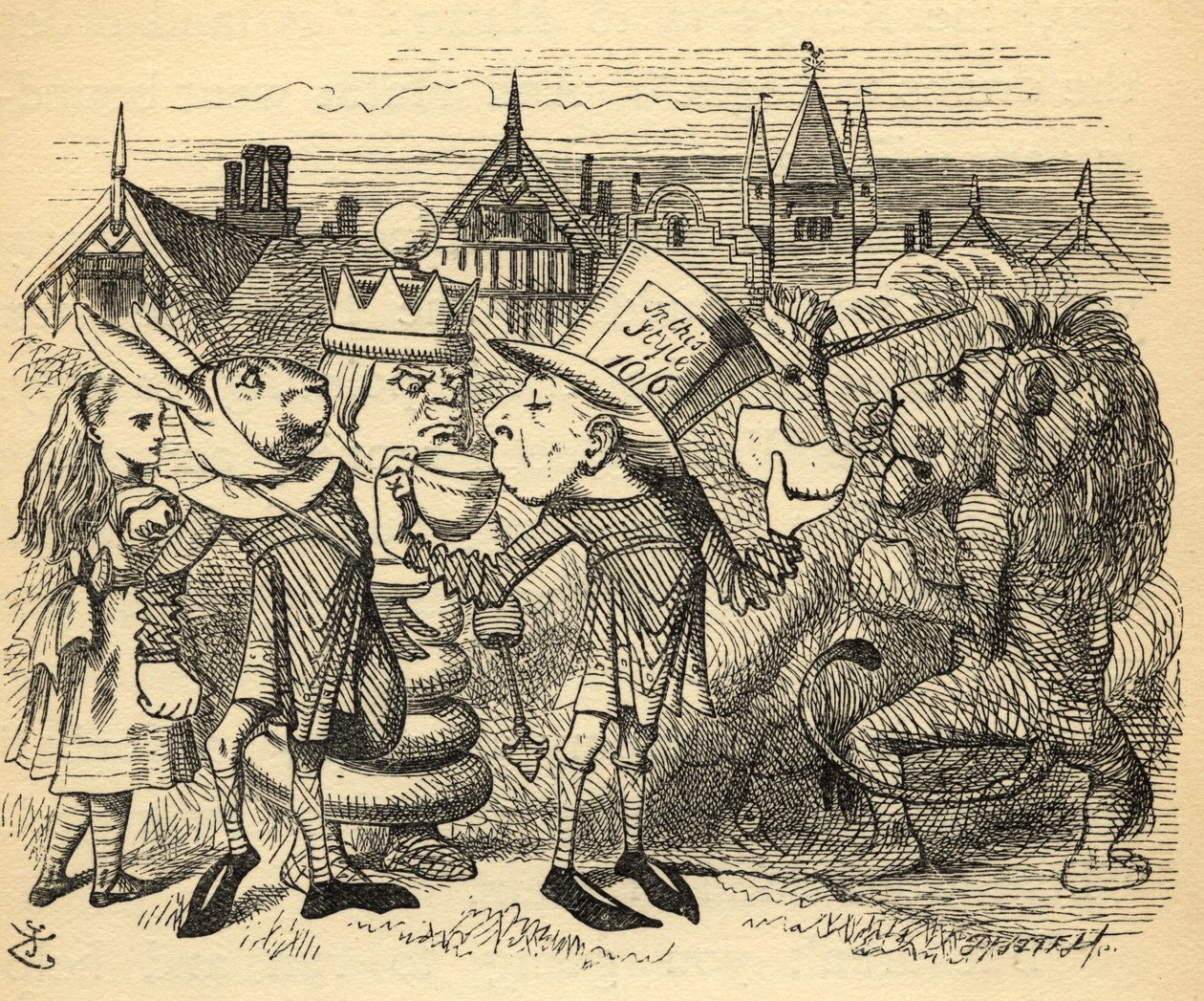 The Mad Hatter, Hare, the King and Alice, illustration fra 