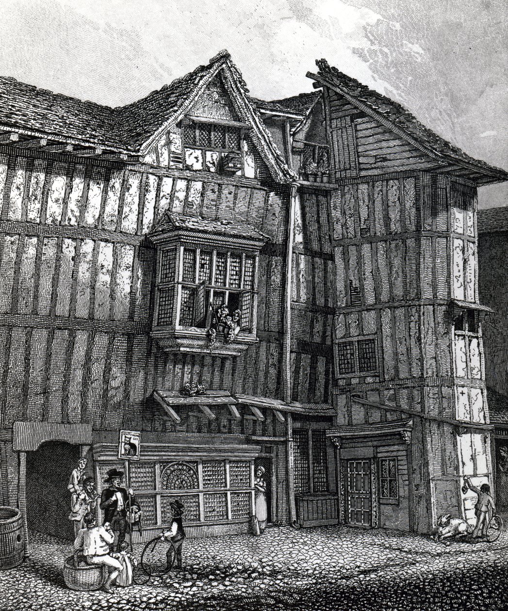 Sydøst udsigt over det gamle hus, der for nylig stod i Sweedons Passage, Grub Street, udgivet 1811 af John Thomas Smith