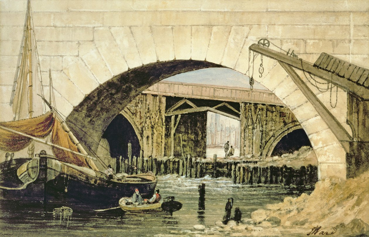 Pramme fortøjet nær New London Bridge af John Ward
