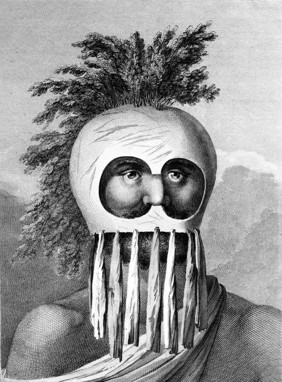 A Man of the Sandwich Islands in a Mask, illustration fra 