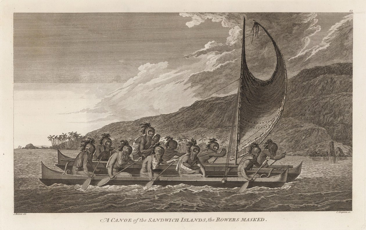 Præster, der rejser over Kealakekua -bugten til første kontaktritualer. af John Webber