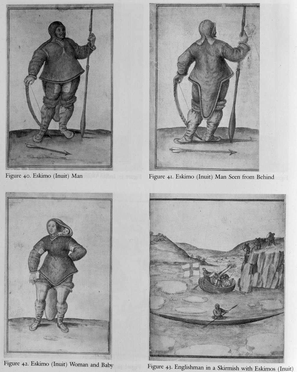 Eskimo (inuit) mand; Eskimo (inuit) mand set bagfra; Eskimo (inuit) kvinde og baby; Englændere i træfning med eskimoer (inuit) af John White
