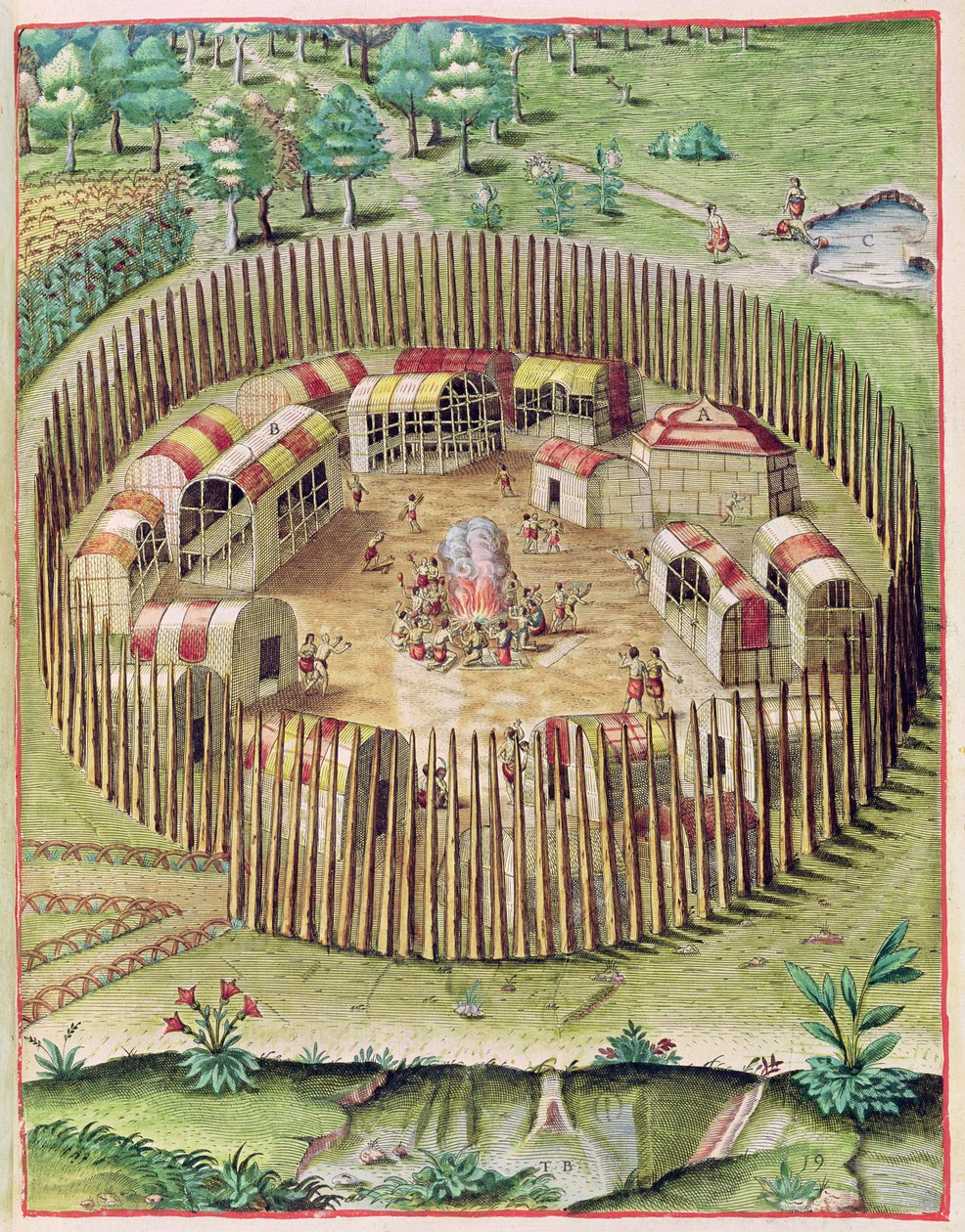 Den befæstede by Pomeiooc, fra "Admiranda Narratio...", graveret af Theodore de Bry (1528-98) 1585-88 af John White
