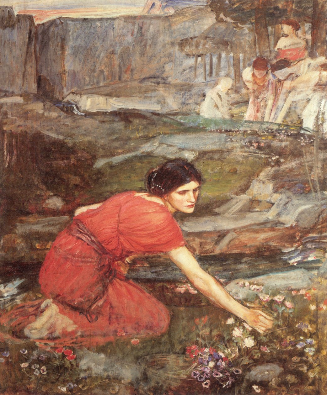 Jomfruer plukker blomster ved en bæk af John William Waterhouse