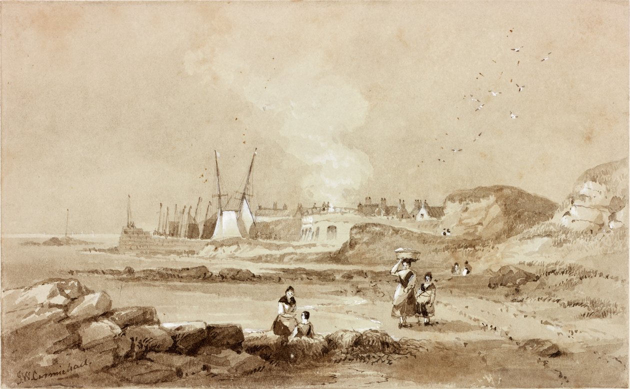 North Sunderland, Northumberland (blæk (sepia) på papir) af John Wilson Carmichael
